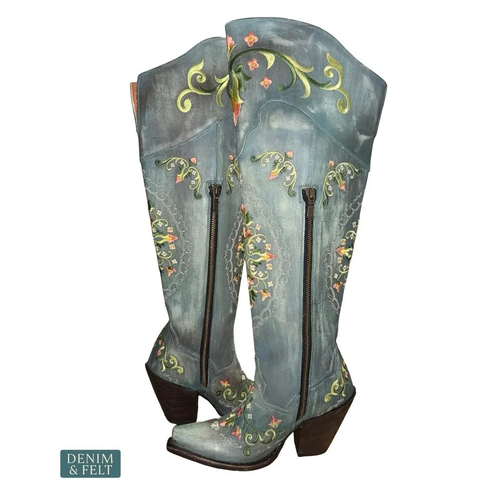 NEW‎ Dan Post Flower Child Turquoise Embroidered Knee High Western Boots 6.5 - Picture 10 of 16